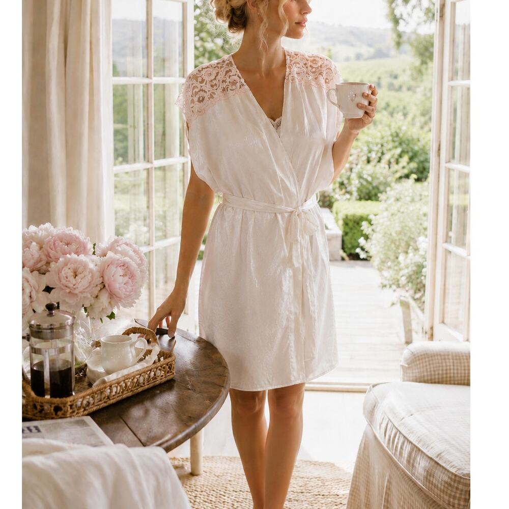 Vintage Lily of France Ivory Wrap Robe Pink Lace Shoulder Bridal Loungewear L
